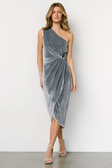 Kourtney Velvet One Shoulder Midi Dress | Dusty Blue